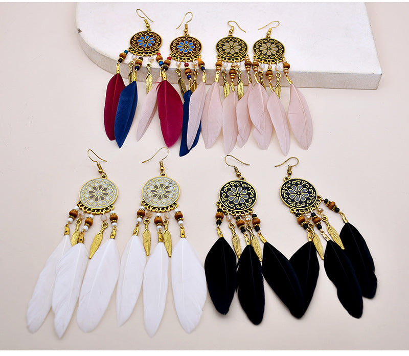 Bohemian Dreamcatcher Alloy Feather Beaded Hollow Out Women's Drop Earrings