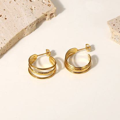 Simple Three-layer Hollow Geometric Stainless Steel Hoop C-shaped Earrings