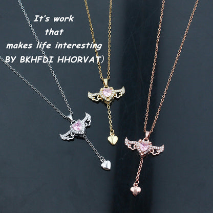 Ig Style Sweet Heart Shape Wings Titanium Steel Copper Plating Inlay Zircon Pendant Necklace