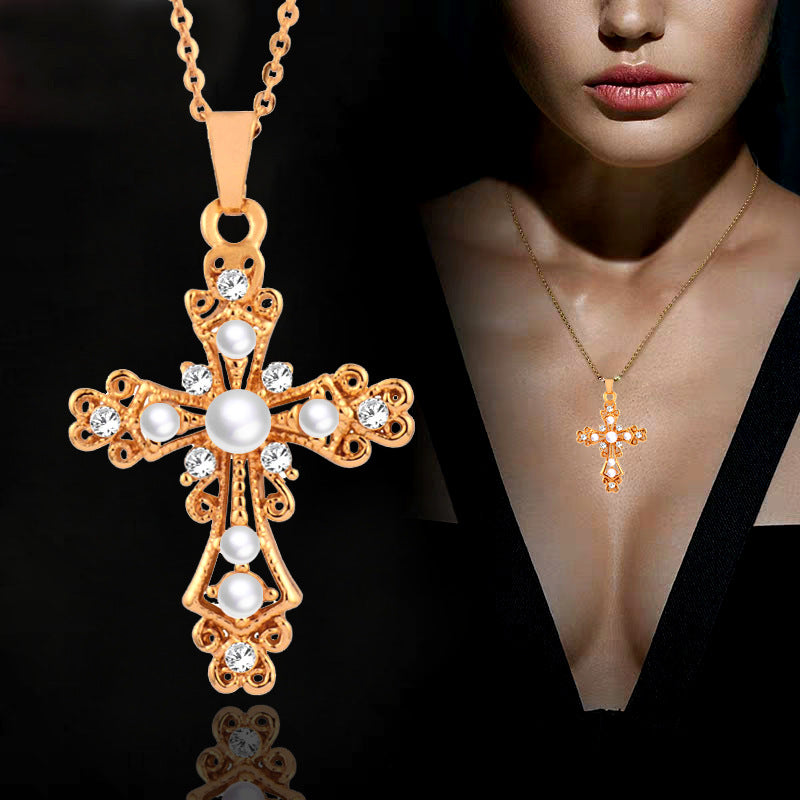 Simple Style Cross Titanium Steel Gold Plated Inlay Rhinestones Pearl Pendant Necklace 1 Piece