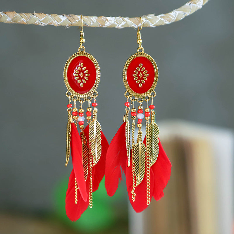 Oil Drop Earrings Fashion Jewelry Creative Oval Long Tassel Feather Earrings