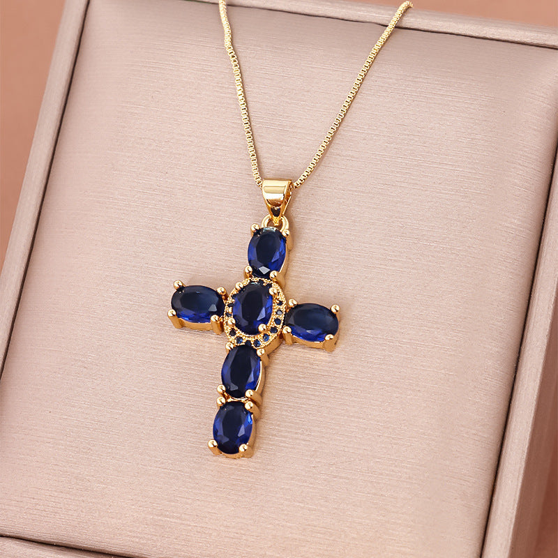 Casual Streetwear Cross Copper Inlay Zircon Pendant Necklace