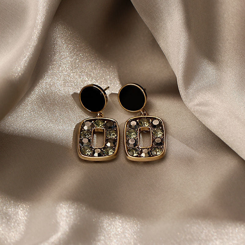 Simple Black Premium Texture Luxury Full Diamond Geometric Rectangular Earrings