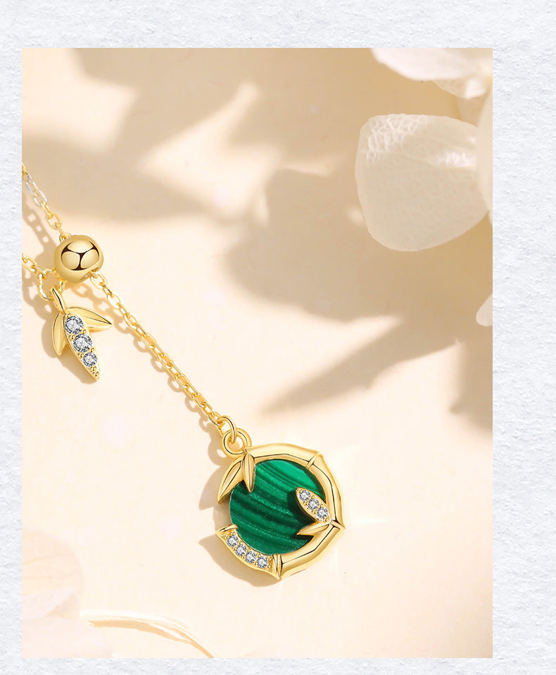 Chinoiserie Vintage Style Geometric Bamboo Sterling Silver Plating Inlay Malachite Zircon Pendant Necklace