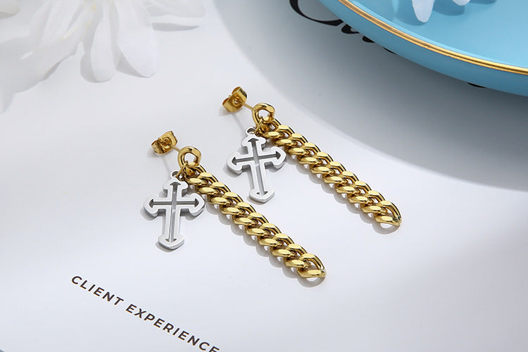 Women's Stainless Steel Golden Cross Thick Chain Earrings Wholesale