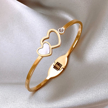 Fashion Heart Shape Titanium Steel Inlay Shell Zircon Bangle