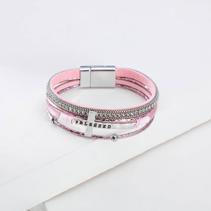 Fashion Cross Fine Diamond Leather Magnetic Buckle Multicolor Bracelet