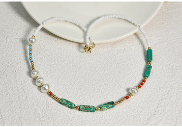 Boho Pearl Necklace Female Summer Agate Green Semi-precious Stone Necklace