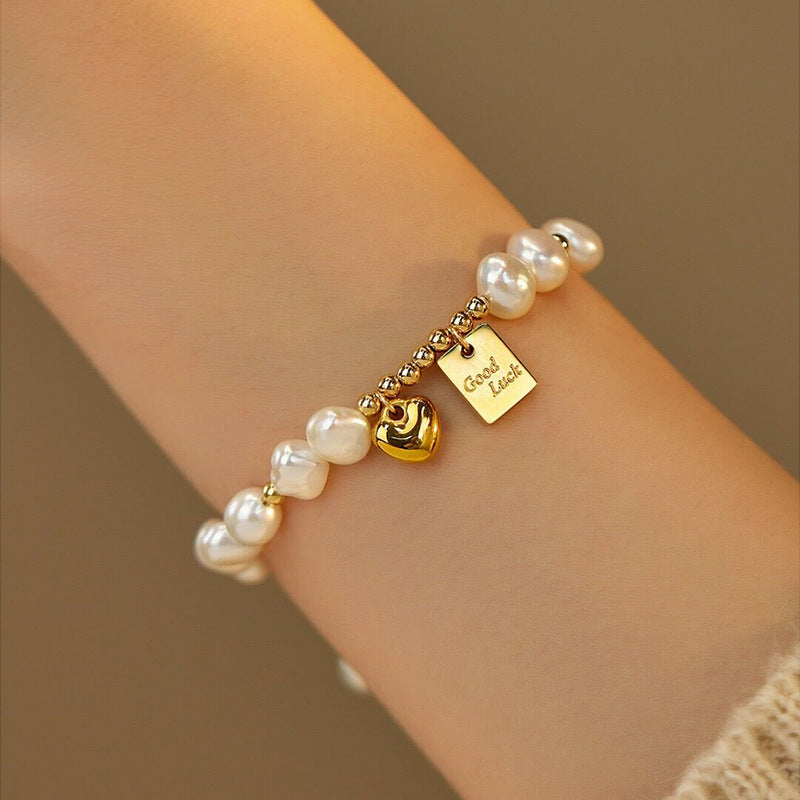 Elegant Retro Letter Heart Shape Freshwater Pearl Mixed Materials Bracelets In Bulk