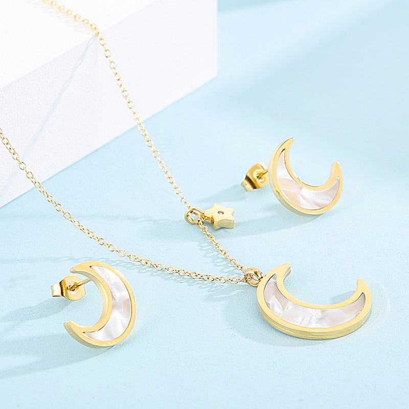 Fashion Moon Titanium Steel Plating Earrings Necklace 1 Set