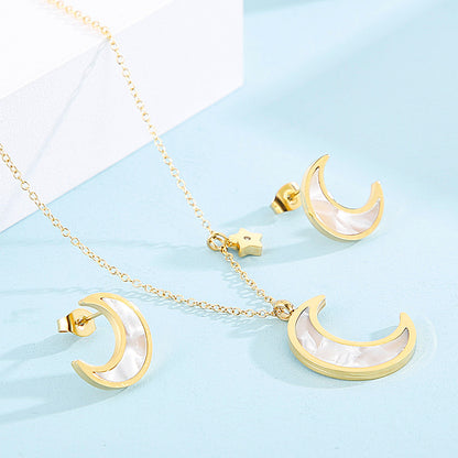 Fashion Moon Titanium Steel Plating Earrings Necklace 1 Set