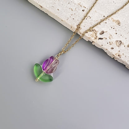 Elegant Flower Stainless Steel Glass Pendant Necklace