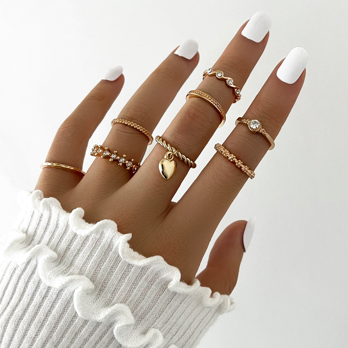 European And American Fashion New Simple Love Pendant Geometric Wave Knuckle Ring Retro Trendy Ring Eight-piece Set