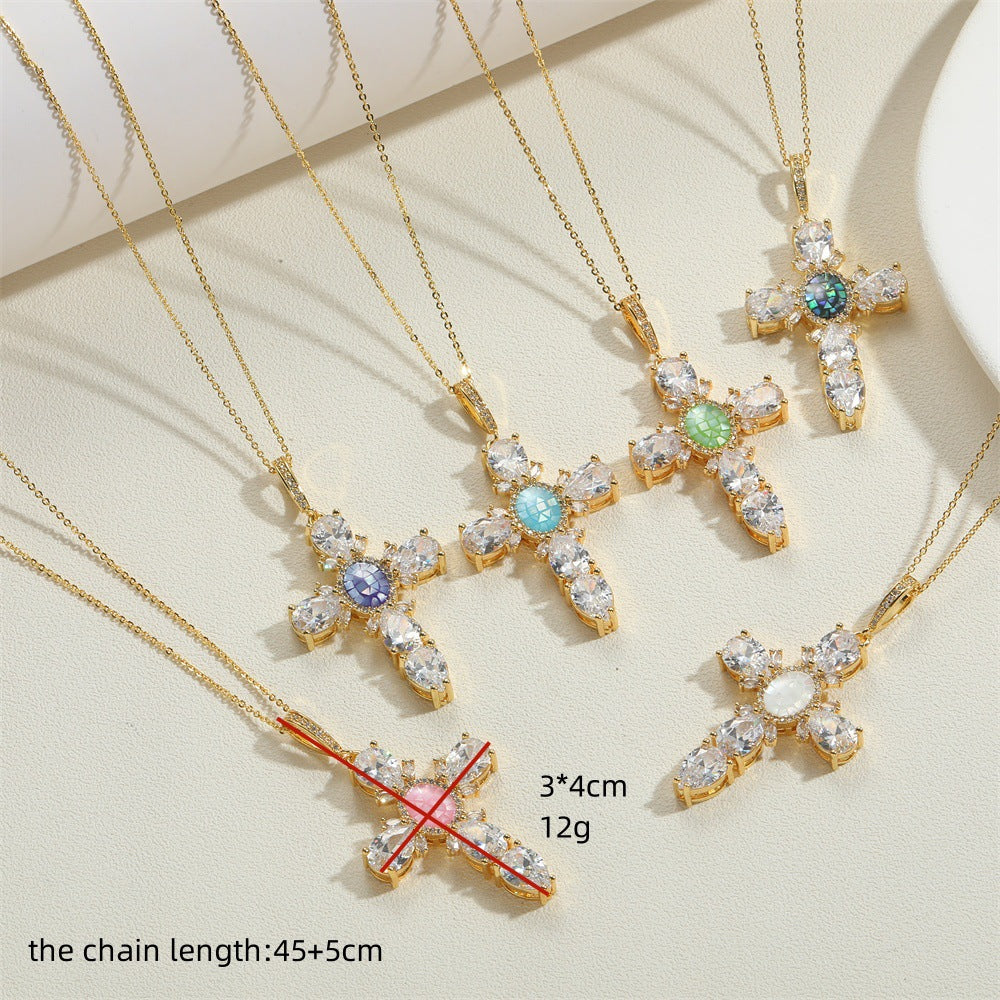 Wish's popular zircon cross French retro ins style pendant clavicle chain copper plated 14K real gold O-word necklace