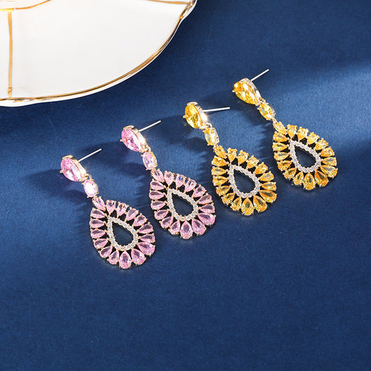 1 Pair Luxurious Water Droplets Tassel Copper Inlay Zircon Drop Earrings