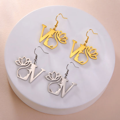 1 Pair Elegant Simple Style Letter Lotus Plating Stainless Steel Drop Earrings