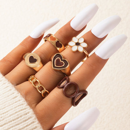 European And American Jewelry Brown Heart Drop Oil Ring Six-piece Geometric Flower Ring Set