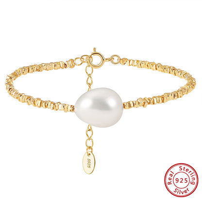 Wholesale Elegant Simple Style Round Freshwater Pearl Sterling Silver Beaded Plating Bracelets