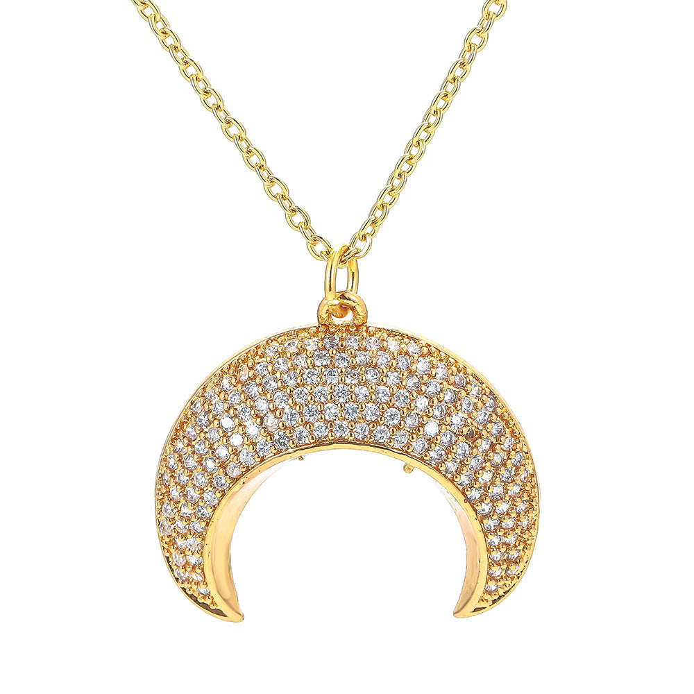 Fashion Simple Inlaid Zircon Crescent Horn Copper Necklace Jewelry