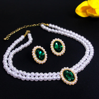Elegant Luxurious Oval Artificial Crystal Imitation Pearl Beaded Women's Earrings Necklace