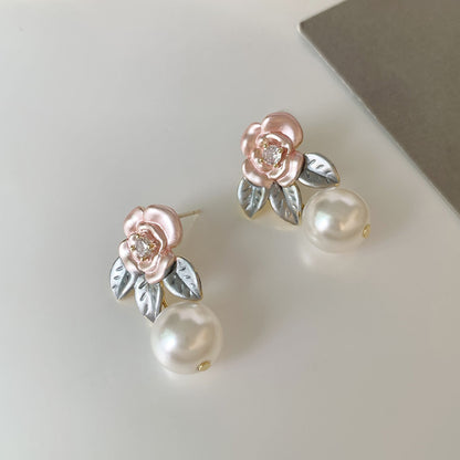 1 Pair Sweet Flower Enamel Plating Inlay Imitation Pearl Copper Zircon 14k Gold Plated Drop Earrings