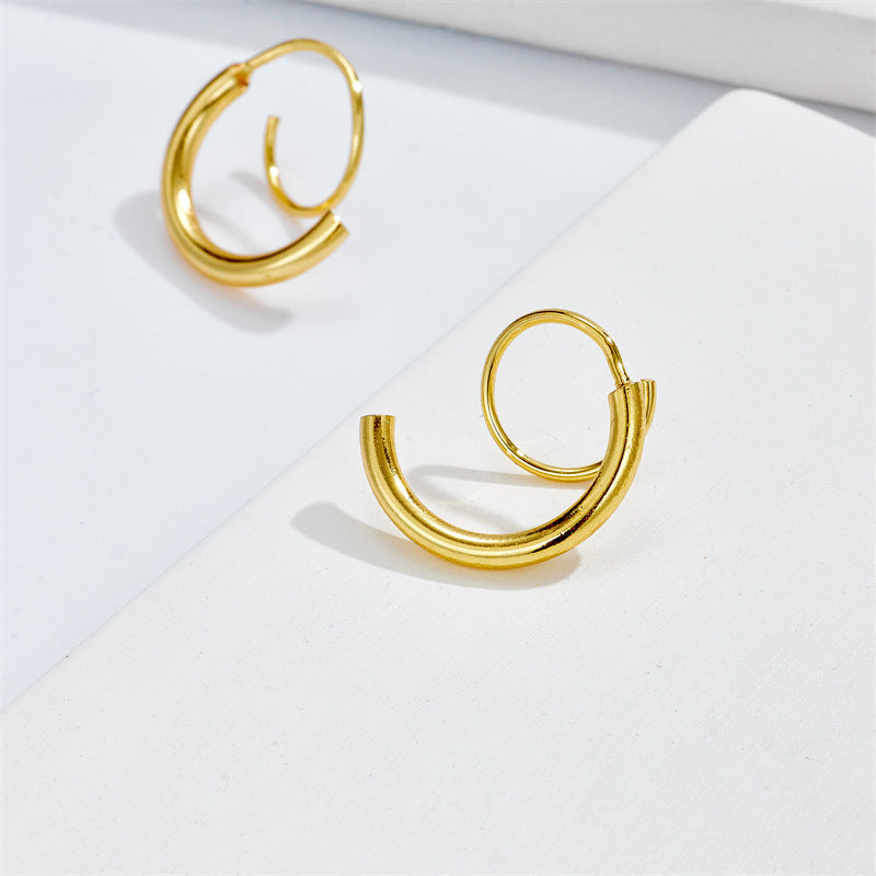 New Simple Spiral Double Circle Personality Earrings Brass Plating 14K Real Gold Fashion Wrap Earrings