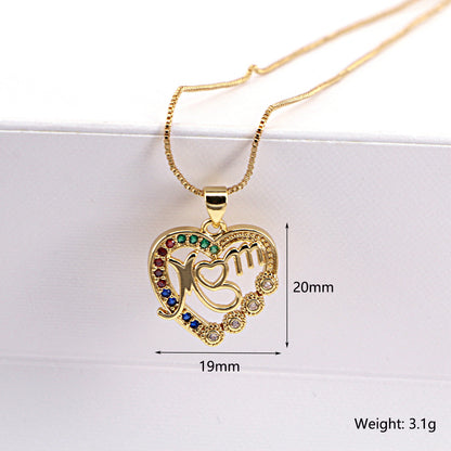 Fashion Letters Mom Hollow Heart-shaped Zircon Pendant Copper Clavicle Chain Jewelry