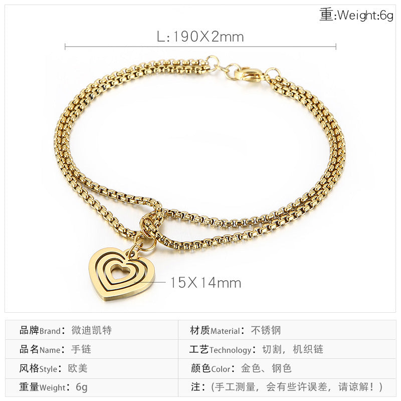 Retro Golden Double-layer Pearl Chain Popular Stainless Steel Multi-layer Heart-shaped Hollow Pendant Bracelet