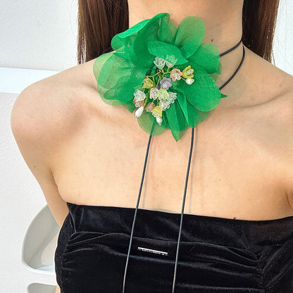 Elegant Exaggerated Flower Artificial Crystal Cloth Resin Handmade Women's Necklace