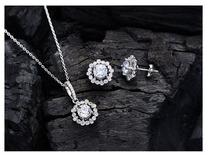 Elegant Flower Copper Plating Inlay High Carbon Diamond Earrings Necklace Jewelry Set