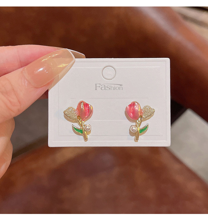 Sweet Flower Alloy Enamel Artificial Pearls Women's Ear Studs 1 Pair