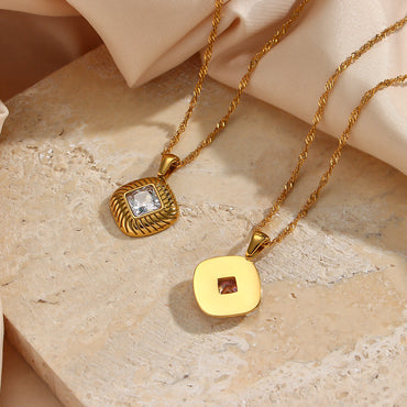 Retro Square Stripe Stainless Steel Necklace Inlaid Zircon Stainless Steel Necklaces