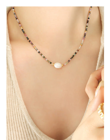 Fashion Geometric Natural Stone Titanium Steel Beaded Freshwater Pearl Necklace