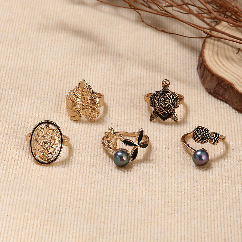 Cross-border Ring Set Fashion Colorful Gray Pearl Hollow Carved Leaves Tortoise Ring 5-piece Set