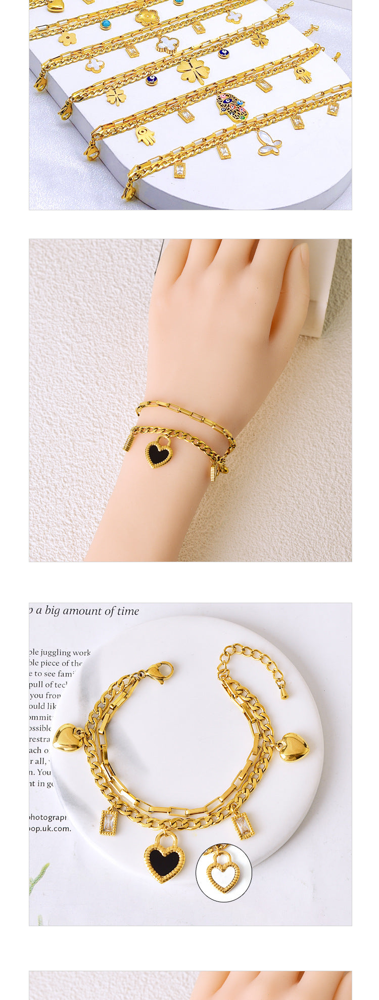 Simple Style Four Leaf Clover Heart Shape Flower Titanium Steel Plating Inlay Shell Zircon Bracelets