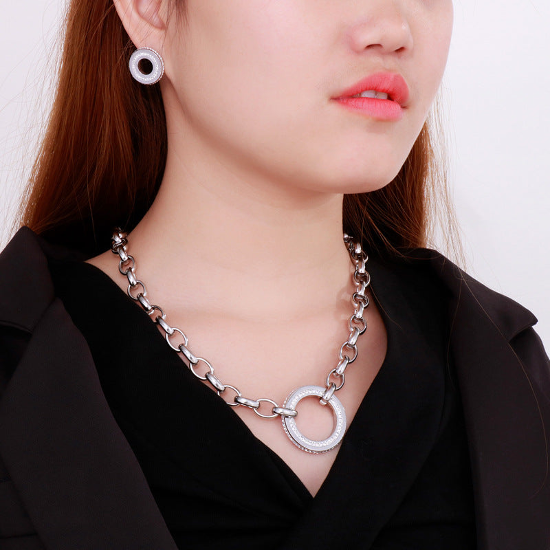 Fashion Thick Chain Round Hollow Full  Rhinestone Necklace Bracelet Earrings Titanium Ornament Three-piece Set