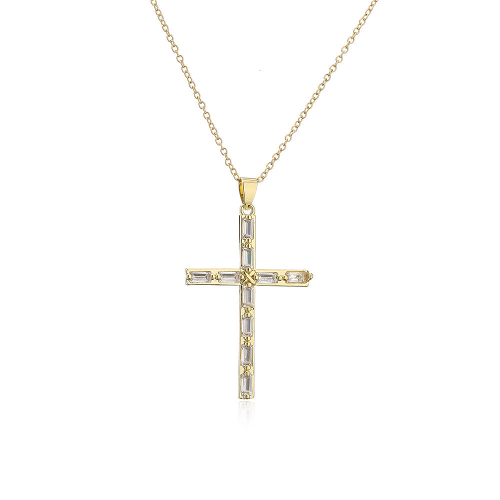 Europe And America Religious Jewelry Copper Plated 18k Gold Zircon Cross Pendant Necklace