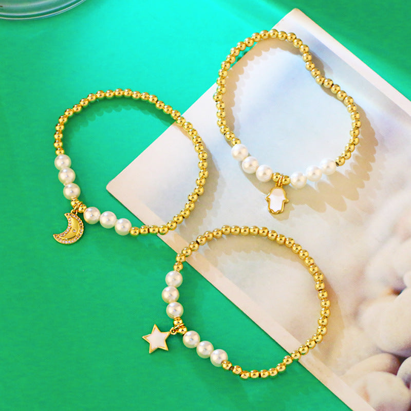 Wholesale Jewelry Pearl Beaded Stars Moon Pendant Copper Bracelet Gooddiy