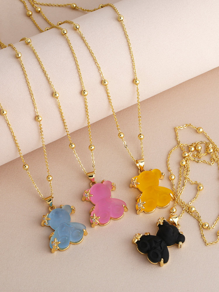 Copper Gold Plated Cute Simple Style Bear Inlay Resin Zircon Pendant Necklace