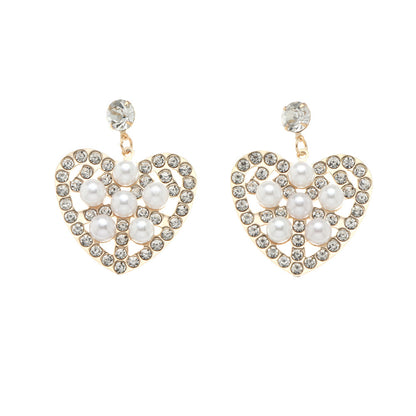 Fashion Hollow Heart Shaped Inlaid Pearl Diamond Metal Drop Earrings