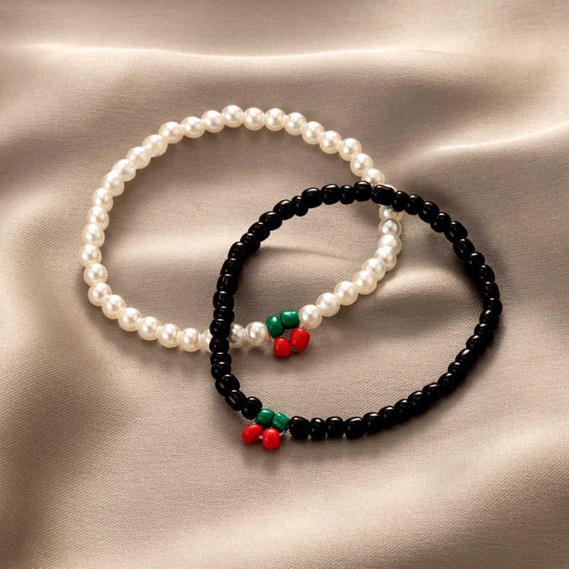 Ethnic Style Pearl Color Beaded Cherry Couple Bracelet Set