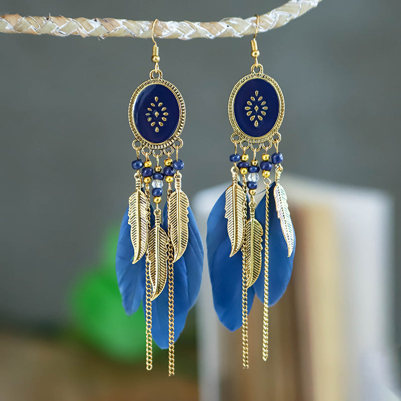 Oil Drop Earrings Fashion Jewelry Creative Oval Long Tassel Feather Earrings