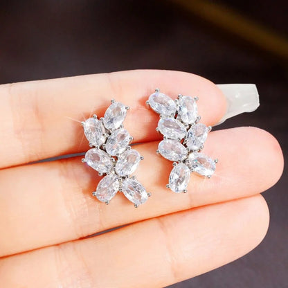 1 Pair Elegant Leaf Flower Inlay Copper Zircon Ear Studs