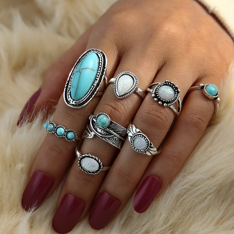 Retro Inlaid Turquoise Carved Feather Alloy Ring 8-piece Set