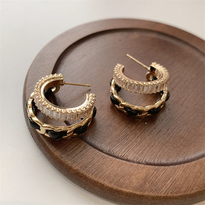 Fashion Zircon Leather C-shaped Double-layer Design Alloy Earrings