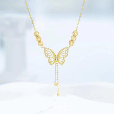 Live Hot Butterfly Tassel Titanium Steel Necklace Women's Fashion Dignified Hollow Five Lucky Beads Butterfly Clavicle Chain Necklace