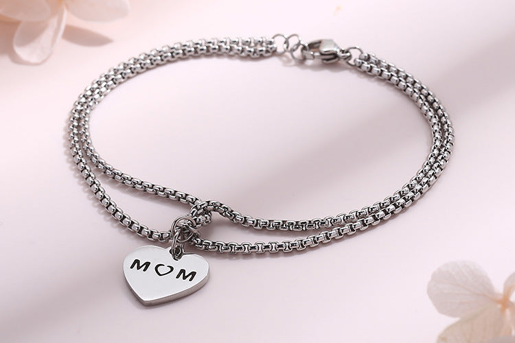 European And American Fashion Stainless Steel Double Pearl Chain Letter Mom Heart Bracelet