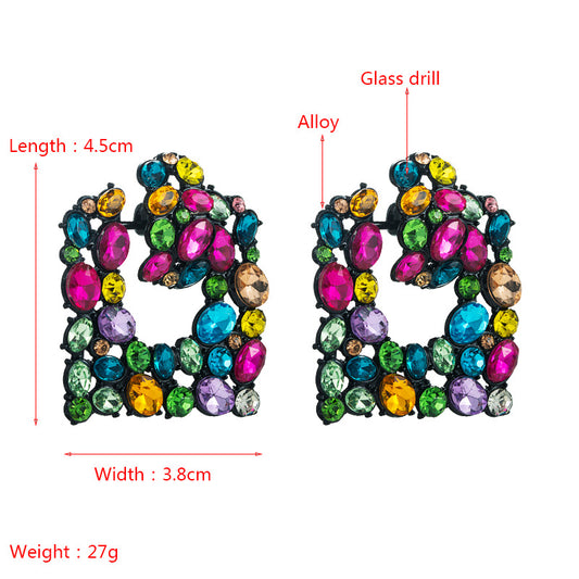 Exaggerated Geometric Square Color Diamond Earrings Fashion Alloy Hollow Inlaid Rhinestone Earrings