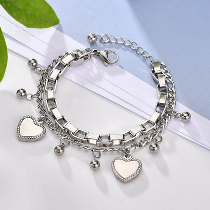 Fashion Heart-shaped Pendant Multi-layer Chain Hip-hop Titanium Steel Bracelet