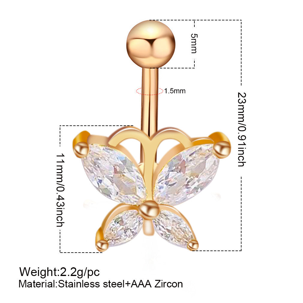 Fashion Butterfly Stainless Steel Inlay Zircon Belly Ring 1 Piece